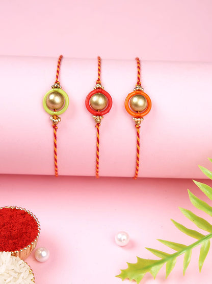 Dhiyona Gold Toned Set Of 3 Beaded Thread Rakhis With Roli Chawal & Greeting Card