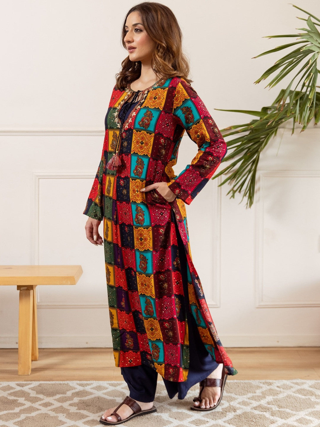 Ethnic Motifs Printed Thread Work Tie-Up Neck Straight Kurta With Palazzos