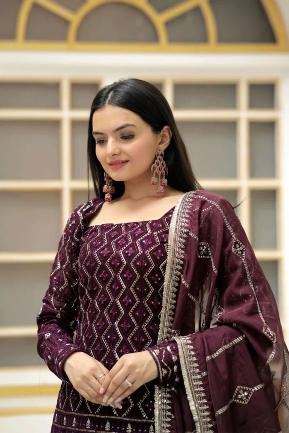 Dhiyona KL Chevron Embroidered Square Neck Sequinned Straight Kurta With Sharara & Dupatta