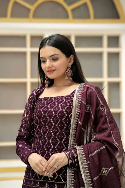 Dhiyona KL Chevron Embroidered Square Neck Sequinned Straight Kurta With Sharara & Dupatta