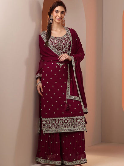 Dhiyona LL Women Ethnic Motifs Embroidered Regular Thread Work Kurta with Sharara & With Dupatta