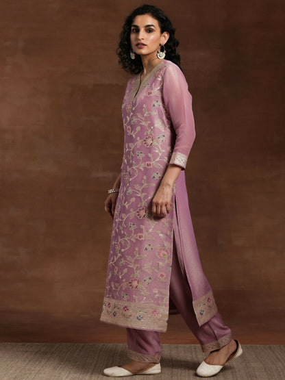 Women's LB Mauve Woven Design Silk Blend Straight Kurta With Trousers & Dupatta