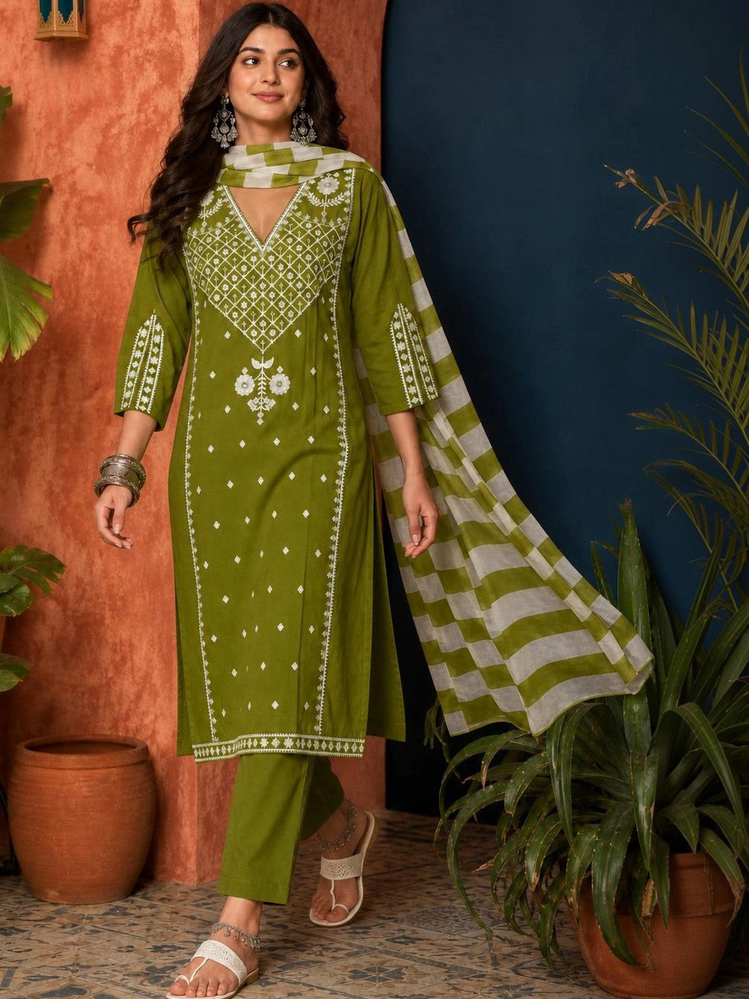 Women Ethnic Motifs Embroidered Regular Thread Work Pure Cotton Kurta with Trousers & With Dupatta