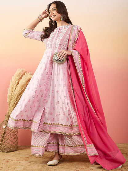 Dhiyona SN Printed Shirt Collar Kurta, Palazzo & Dupatta Set