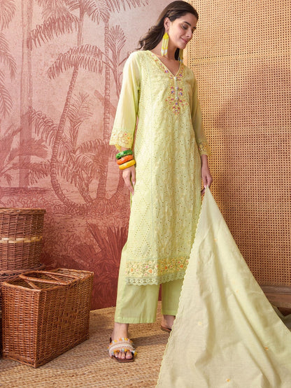 Women Ethnic Motifs Embroidered Regular Chikankari Pure Cotton Kurta with Palazzos & With Dupatta
