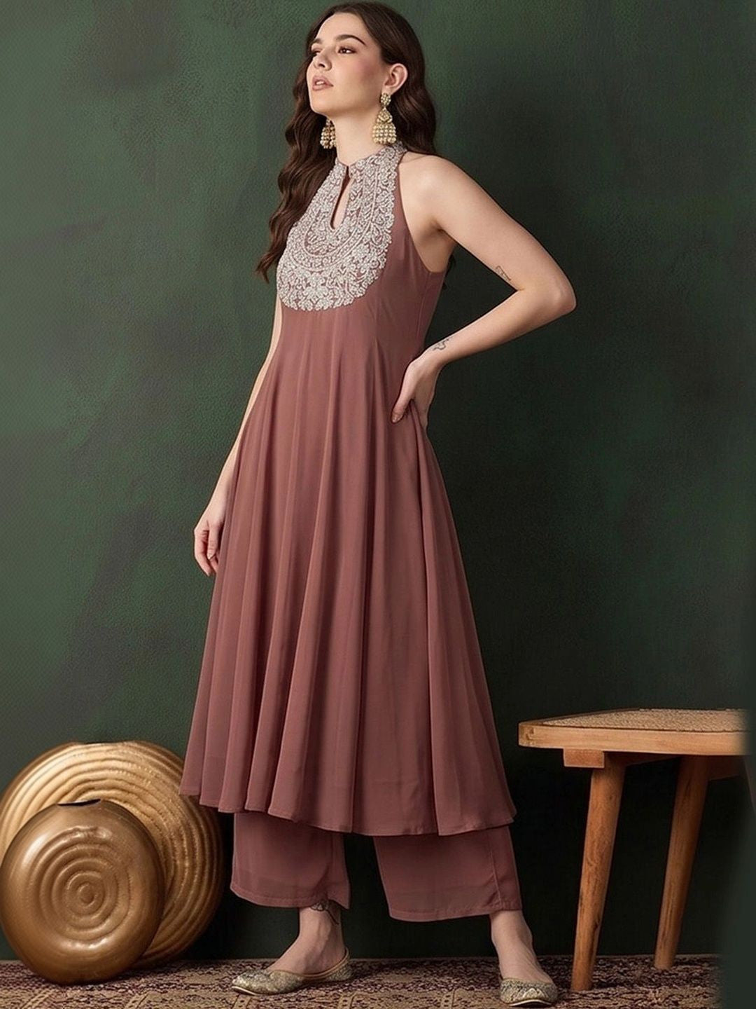 Women Ethnic Motifs Embroidered Regular Thread Work Silk Georgette Kurta with Palazzos