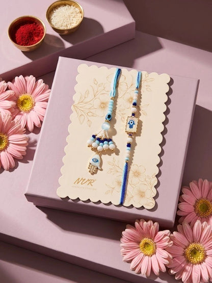 Dhiyona Set Of 2 Evil Eye Hand Design Bhaiya Bhabhi Rakhi With Roli Chawal Chandan Mishri