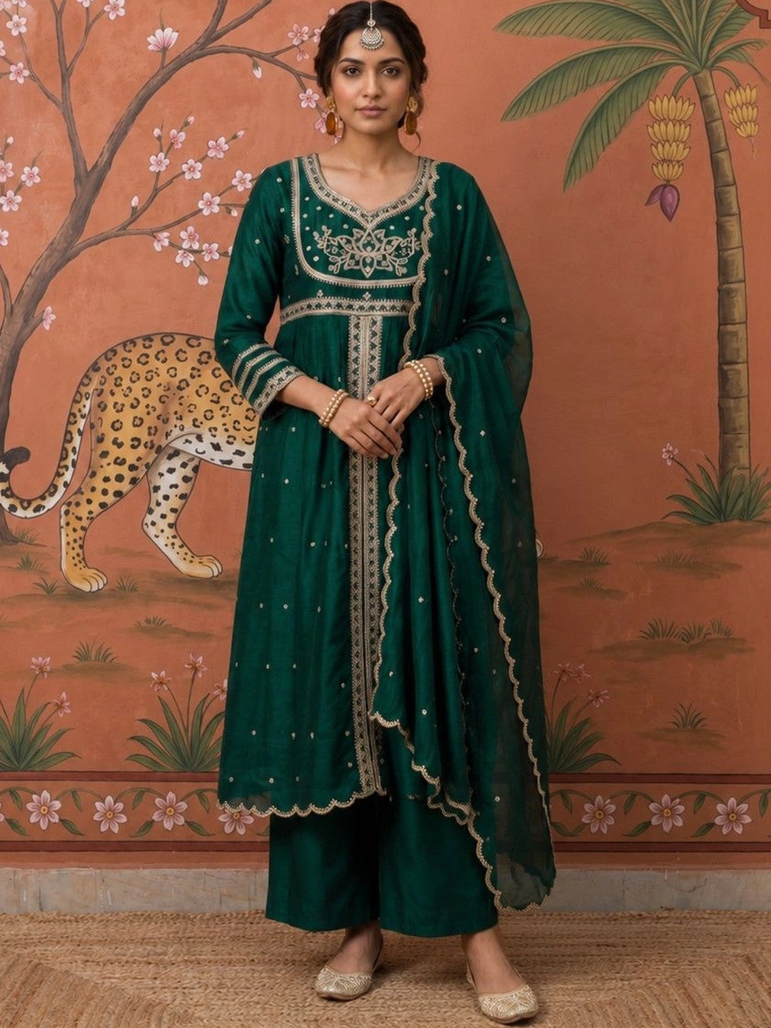 Women Ethnic Motifs Embroidered Empire Kurta with Trousers & With Dupatta
