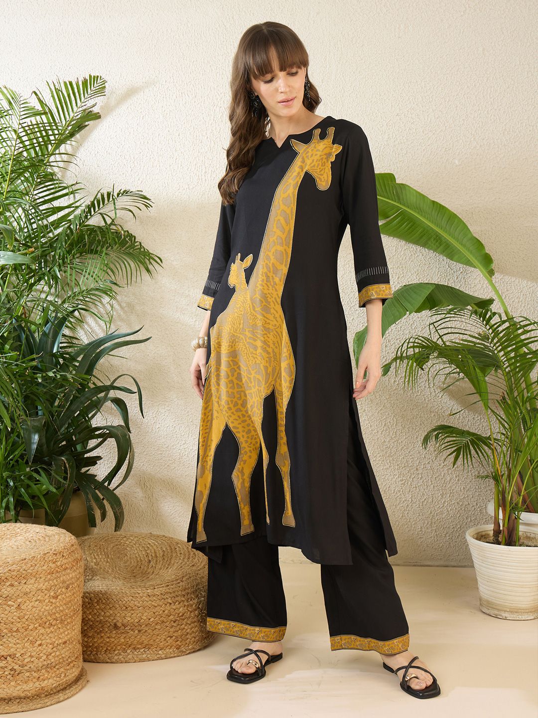 Dhiyona IE Floral Printed Thread Work Pure Cotton Kurta With Palazzos