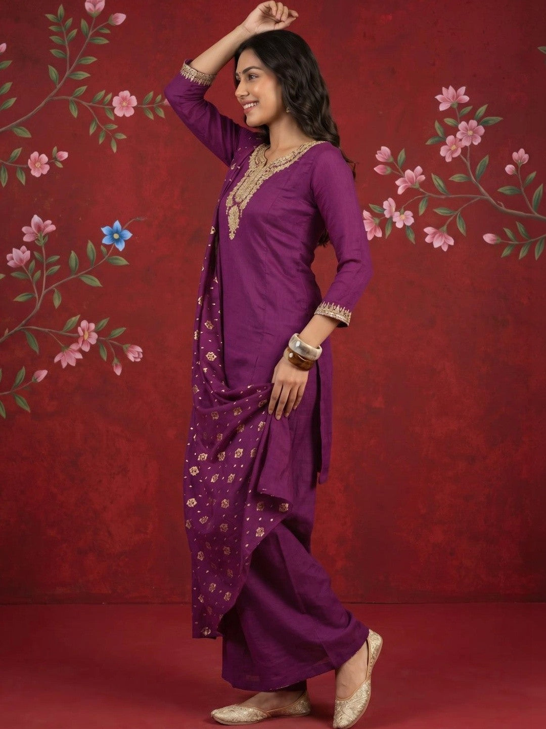 Women Ethnic Motifs Embroidered Regular Thread Work Kurta with Palazzos & With Dupatta