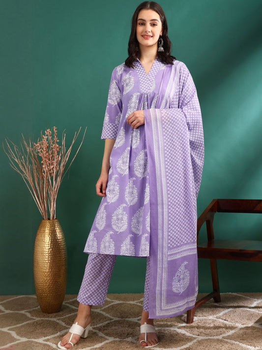 Dhiyona KL Women Ethnic Motifs Printed Regular Pure Cotton Kurta with Trousers & With Dupatta