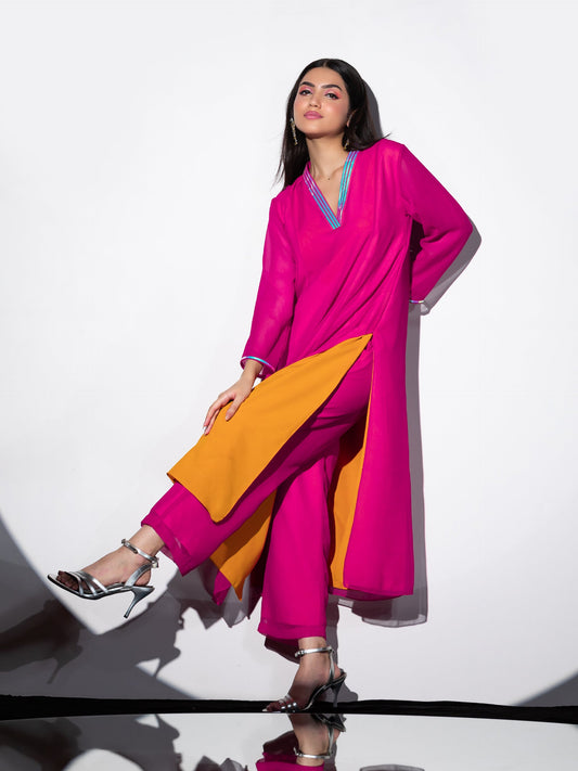 Dhiyona ST Women's Pink & Yellow Surprise Georgette Kurta Set with Contrast Inner Lining and Pants 2 Piece Set | A-Line, V Neck, Full Sleeves, Pants, Work wear, Festive Wear, (Georgette)