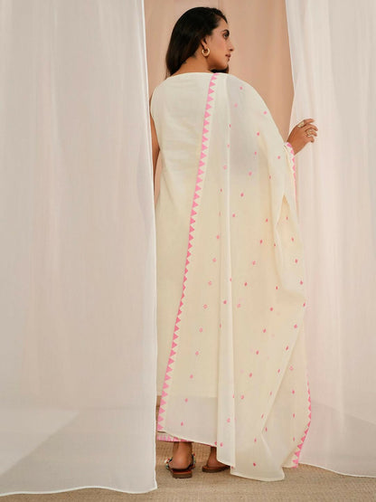 Women's LB Off White Embroidered Cotton Straight Suit With Dupatta