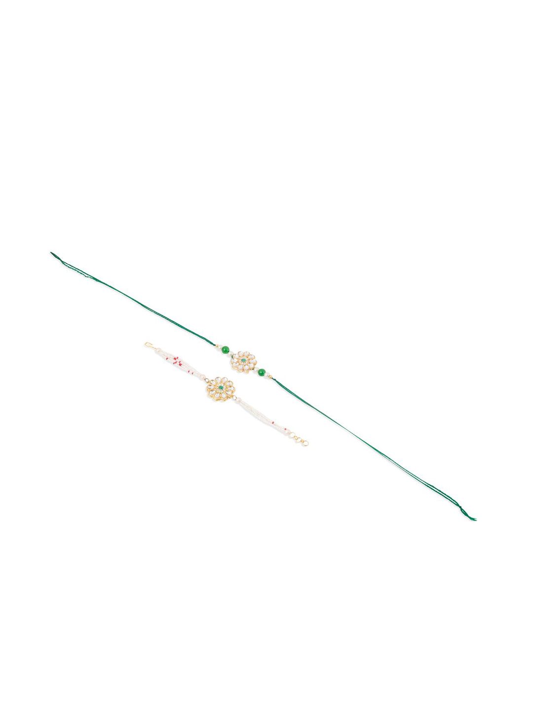 Dhiyona Set Of 2 Kundan Floral Design Gold Toned Bhaiya Bhabhi Rakhi Set With Roli Chawal