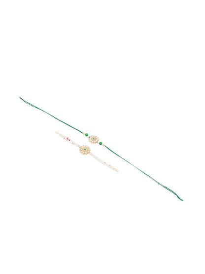 Dhiyona Set Of 2 Kundan Floral Design Gold Toned Bhaiya Bhabhi Rakhi Set With Roli Chawal