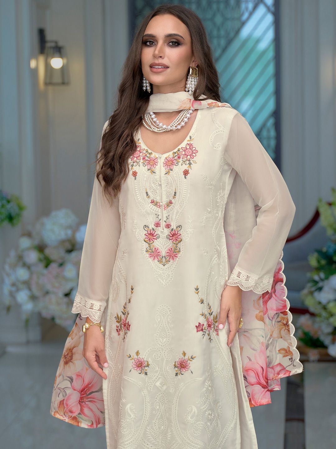Dhiyona IE Women Ethnic Motifs Embroidered Regular Organza Kurta with Trousers & Dupatta