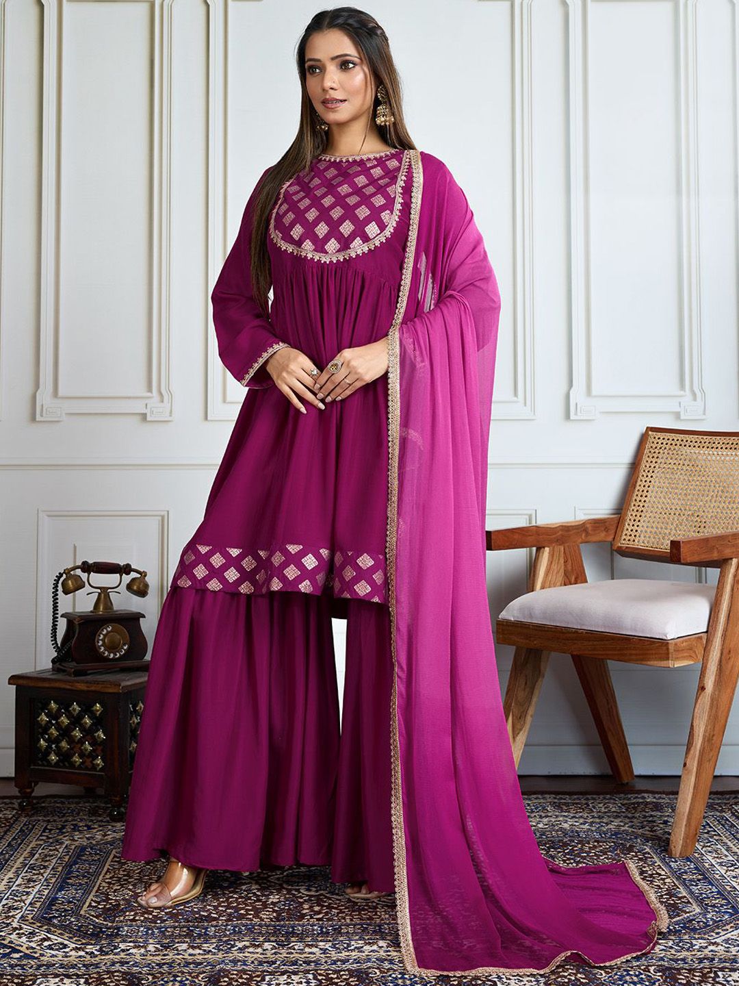 Dhiyona HOP Women Geometric Embroidered Kurta with Sharara & Dupatta