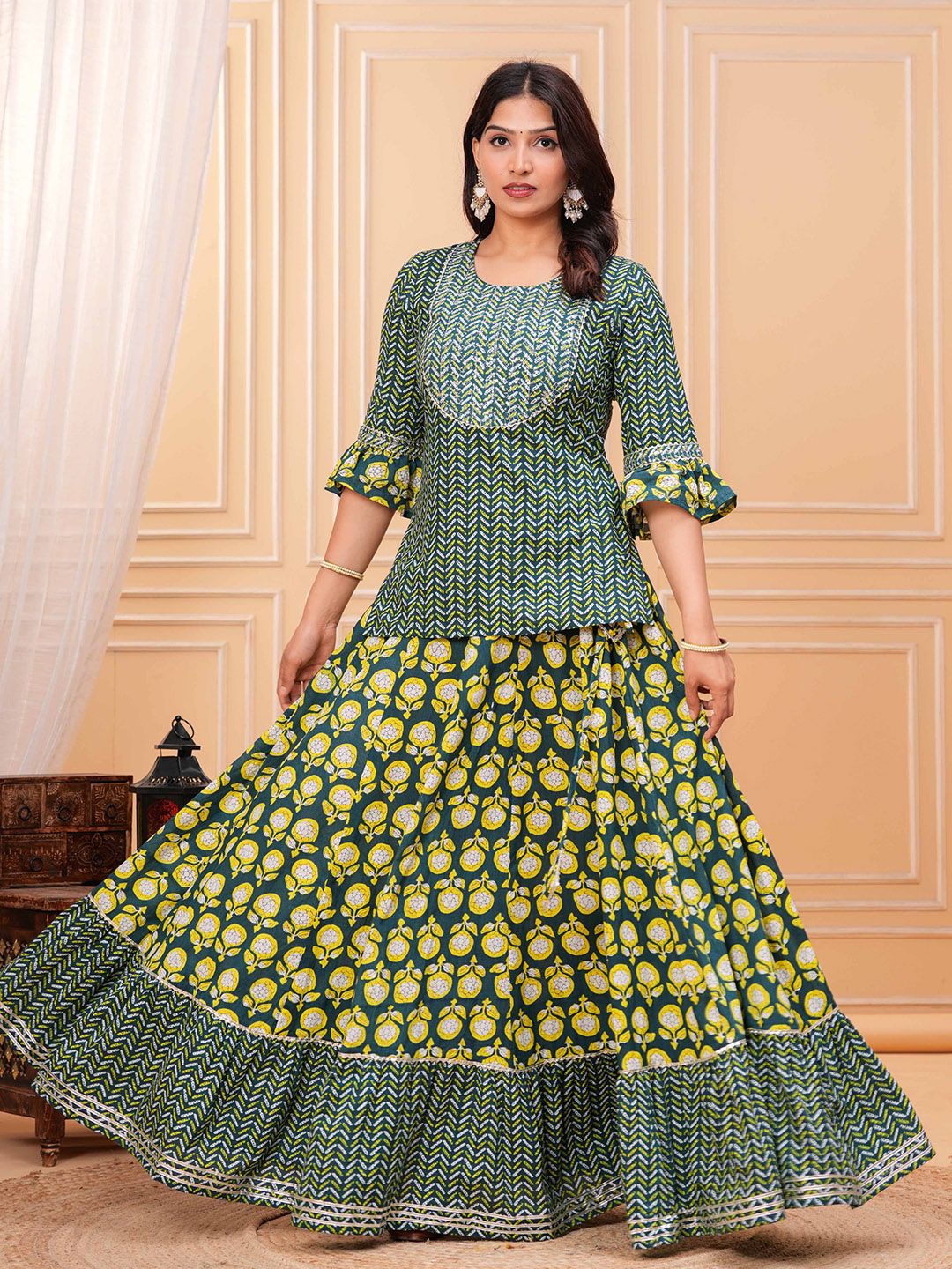 Dhiyona KL Women Ethnic Motifs Printed Cotton A-Line Kurti with Skirt & Dupatta