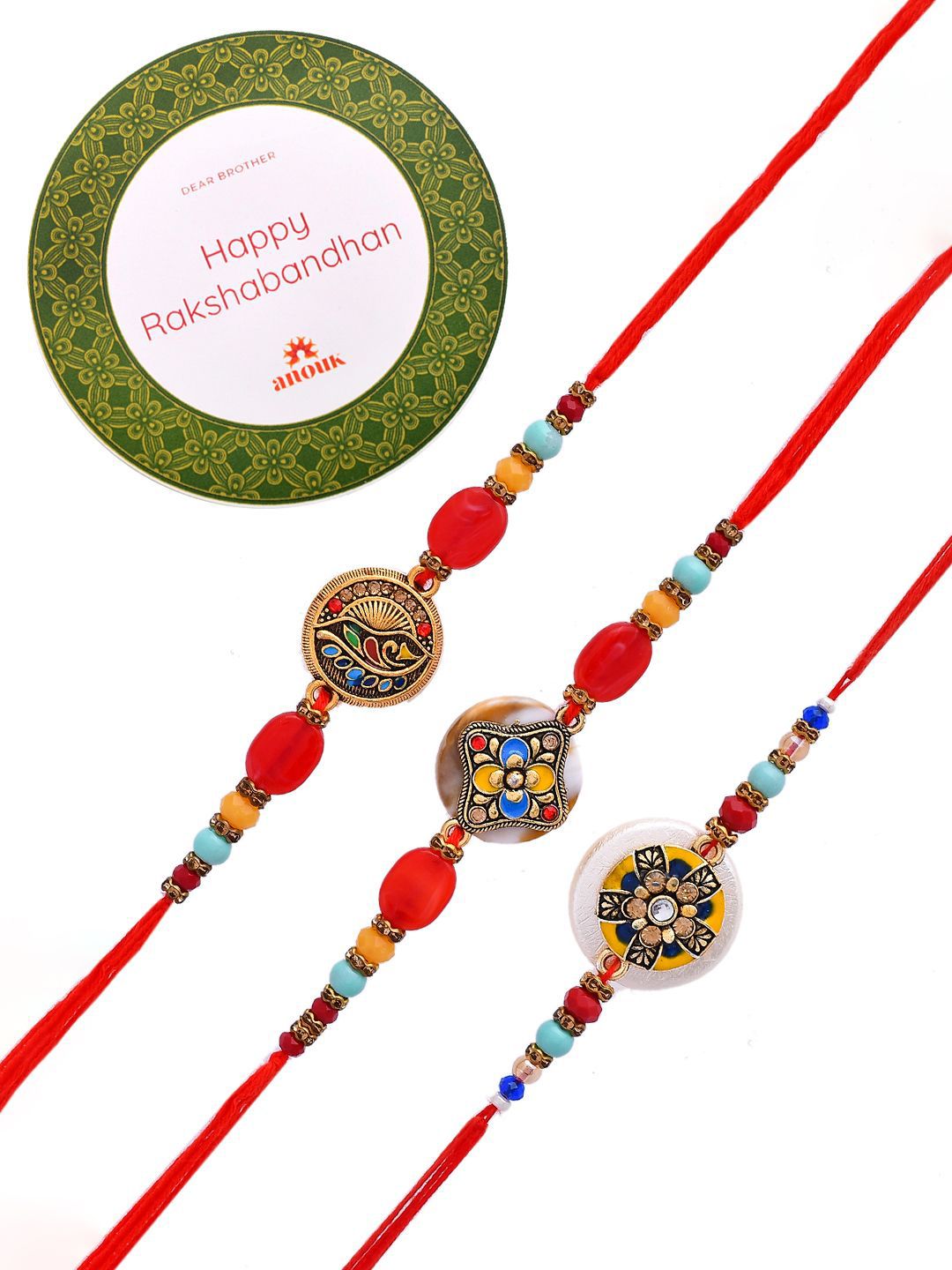 Dhiyona Set Of 3 Red Beaded Rakhi With Roli Rice & Greeting Card