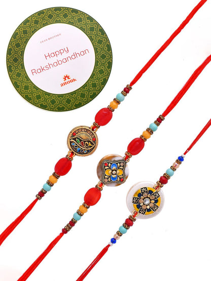 Dhiyona Set Of 3 Red Beaded Rakhi With Roli Rice & Greeting Card