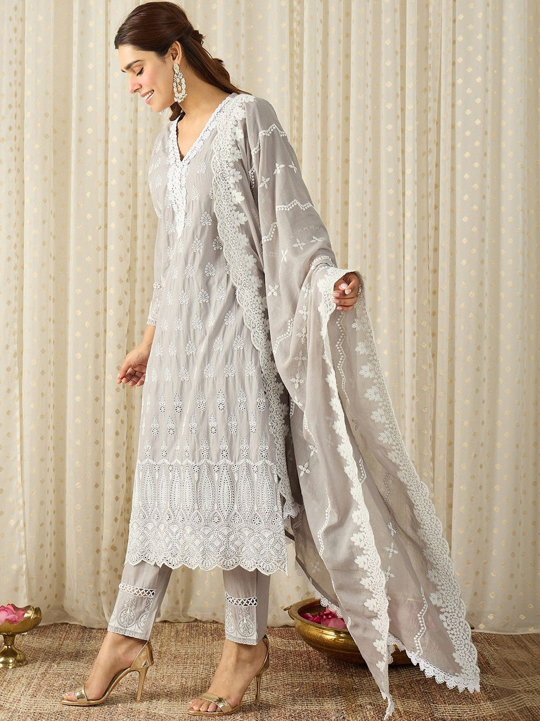 Women Ethnic Motifs Embroidered Regular Chikankari Pure Cotton Kurta with Trousers & With Dupatta