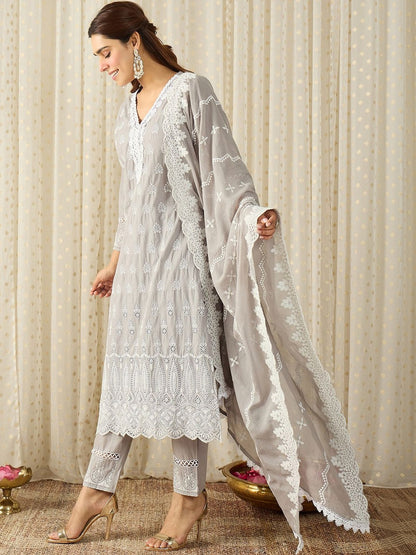 Women Ethnic Motifs Embroidered Regular Chikankari Pure Cotton Kurta with Trousers & With Dupatta