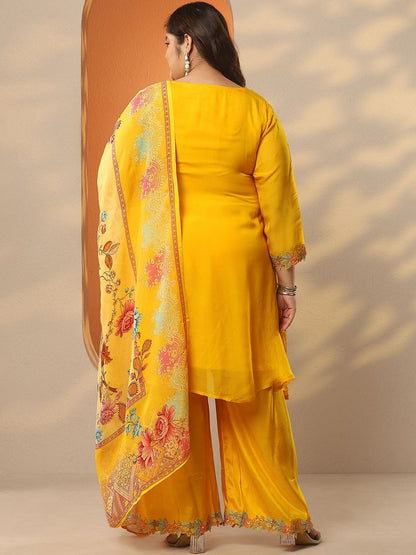 Dhiyona Women's Embroidered Thread Work Plus Size A-Line Kurta With Palazzos & Dupatta