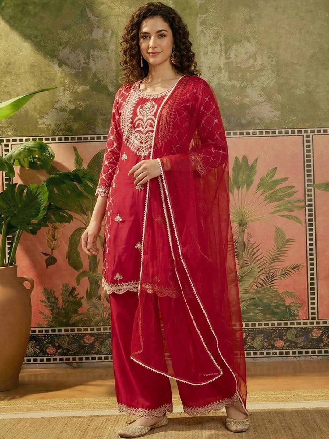 Dhiyona SN Embroidered Round Neck Straight Kurta & Palazzos With Dupatta
