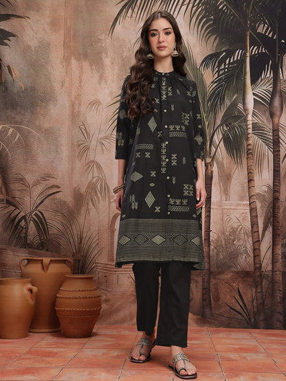 Ethnic Motifs Print Pleated Pure Cotton Kurta with Trousers