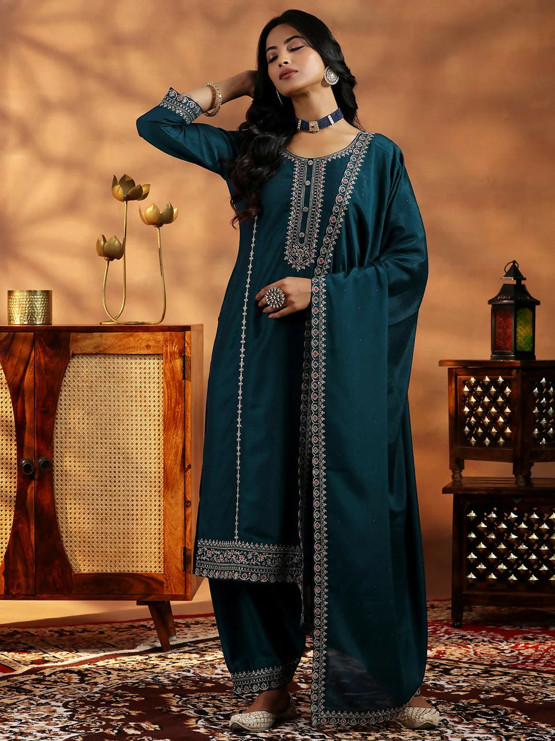 Women's LB Teal Embroidered Silk Blend Straight Suit With Dupatta