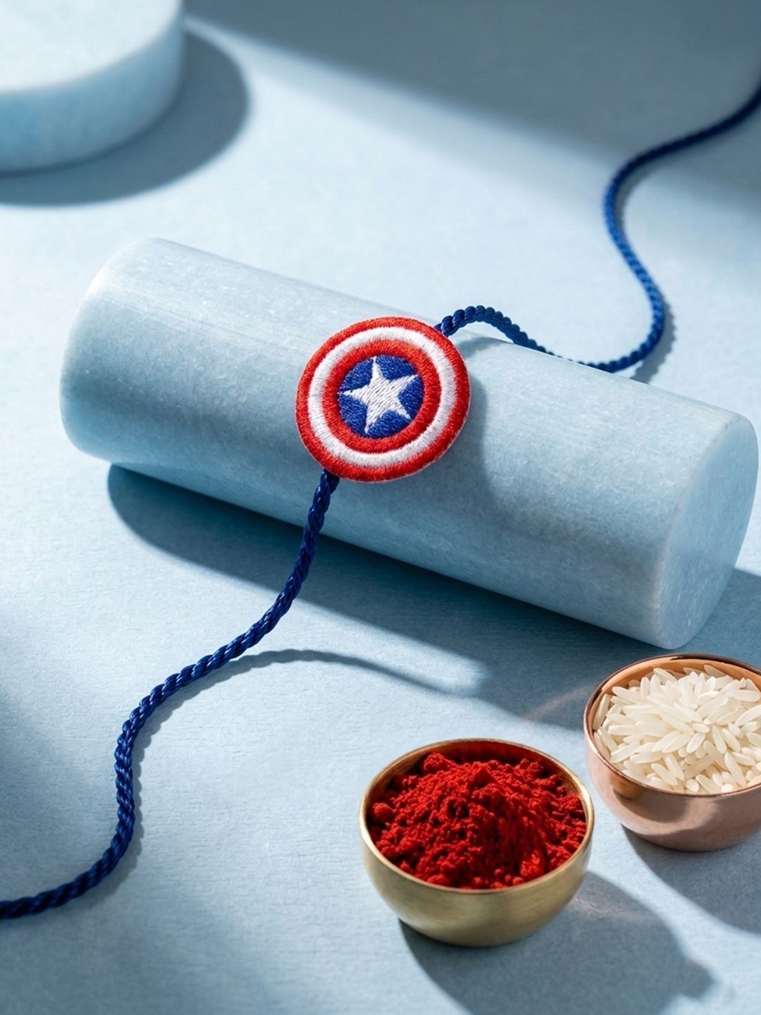 Dhiyona Stylish Red & Blue Avengers Design Kids Rakhi With Roli Chawal Chandan Mishri