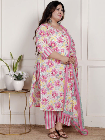 Dhiyona KL Women Floral Printed Cotton Kurta & Trousers With Dupatta