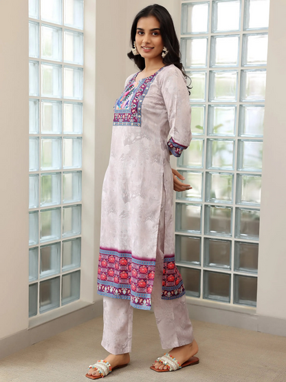 Women's LB Grey Printed Linen Straight Suit With Dupatta