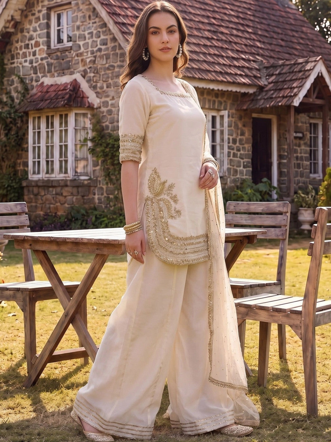 Women Ethnic Motifs Embroidered Regular Silk Chiffon Kurta with Sharara & With Dupatta
