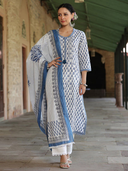Dhiyona RR Women's Ethnic Motifs Printed Regular Pure Cotton Kurta with Trousers & Dupatta