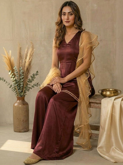 Dhiyona SN Satin V-Neck Kurti & Sharara With Dupatta