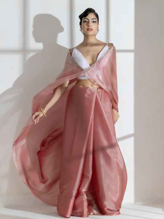 Dhiyona ST Mettalic Bloom Organza Satin Saree  with Diamond Studs and Self Blouse Fabric