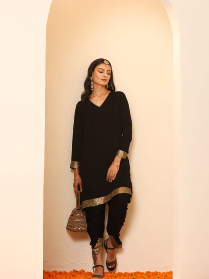 Dhiyona ST Women's Black and Gold Sequin Kurta with Pants 2 Piece Set | A-Line, V Neck, Full Sleeves, Pants, Festive Wear, (Sequin)