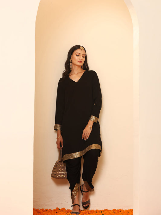 Dhiyona ST Women's Black and Gold Sequin Kurta with Pants 2 Piece Set | A-Line, V Neck, Full Sleeves, Pants, Festive Wear, (Sequin)