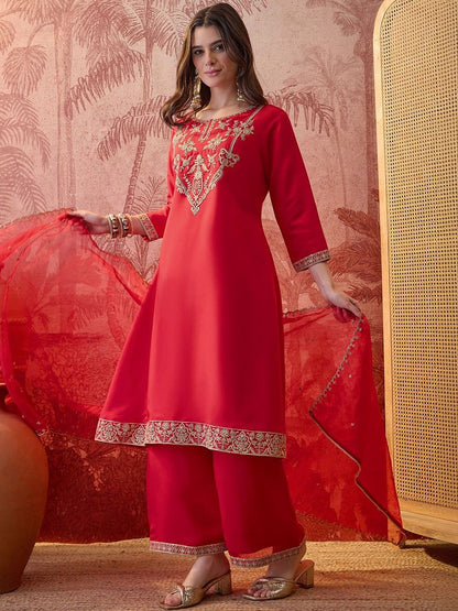 Dhiyona SN Embroidered Round Neck A-Line Kurta & Palazzos With Dupatta