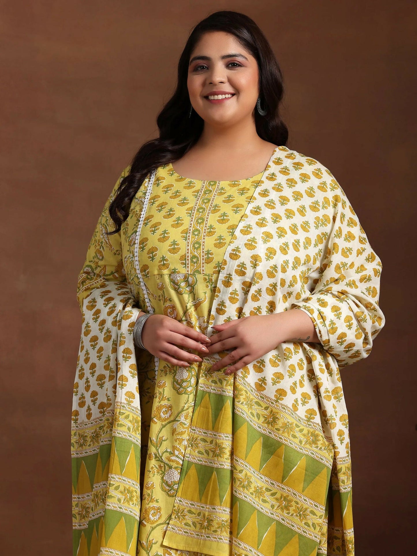 Women's LB Plus Size Yellow Printed Cotton Straight Suit With Dupatta