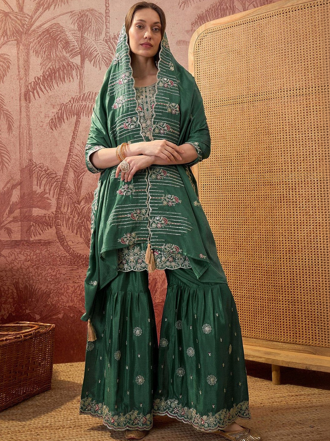 Embroidered Round Neck Kurta & Sharara With Dupatta
