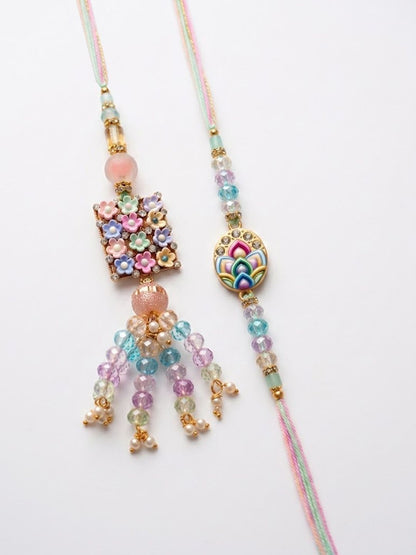 Dhiyona Set Of 2 Artificial Beads Traditional Bhaiya Bhabhi Rakhi With Roli Chawal Chandan