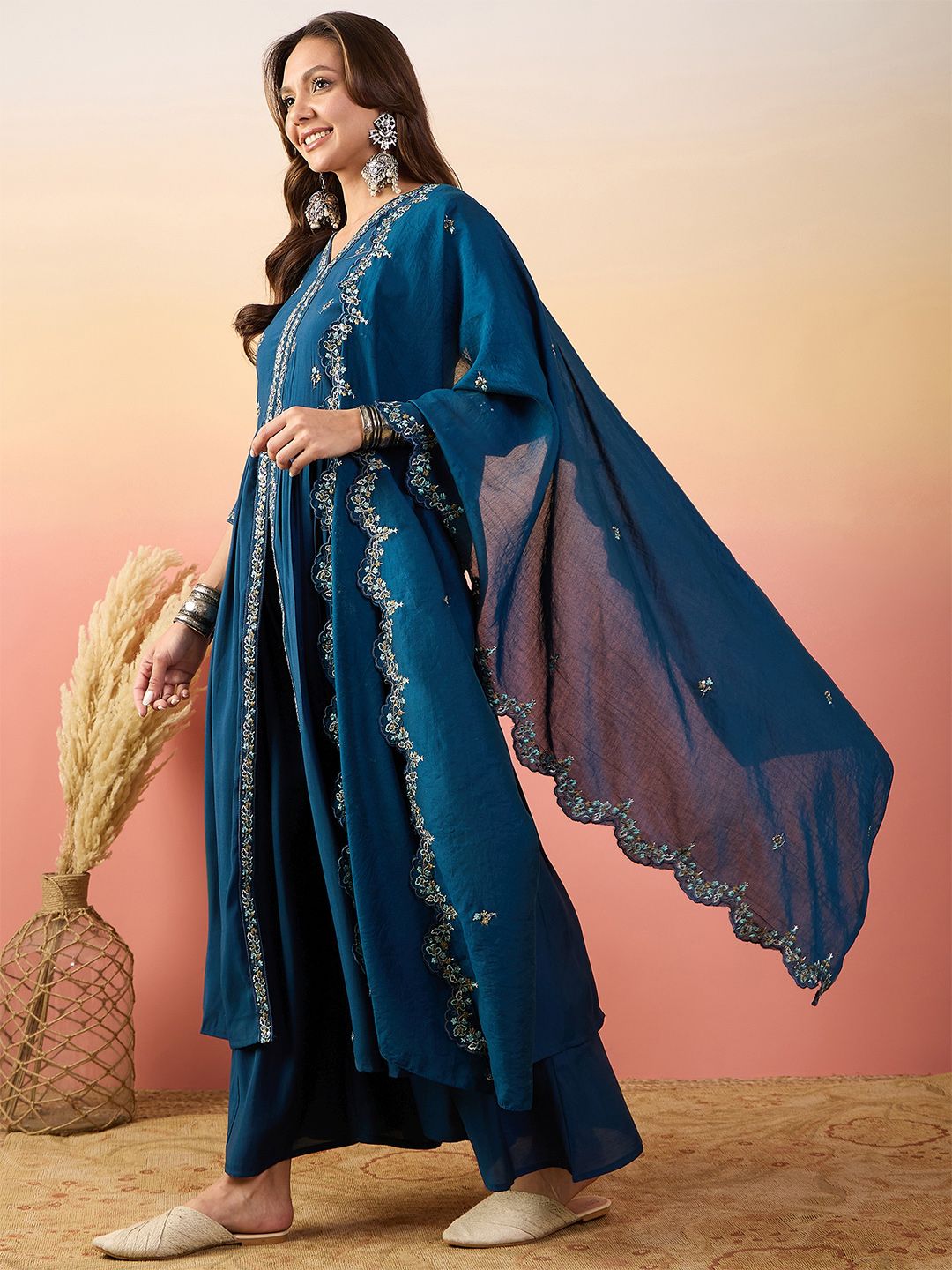 Dhiyona SN Embroidered Kurta With Palazzos & Dupatta
