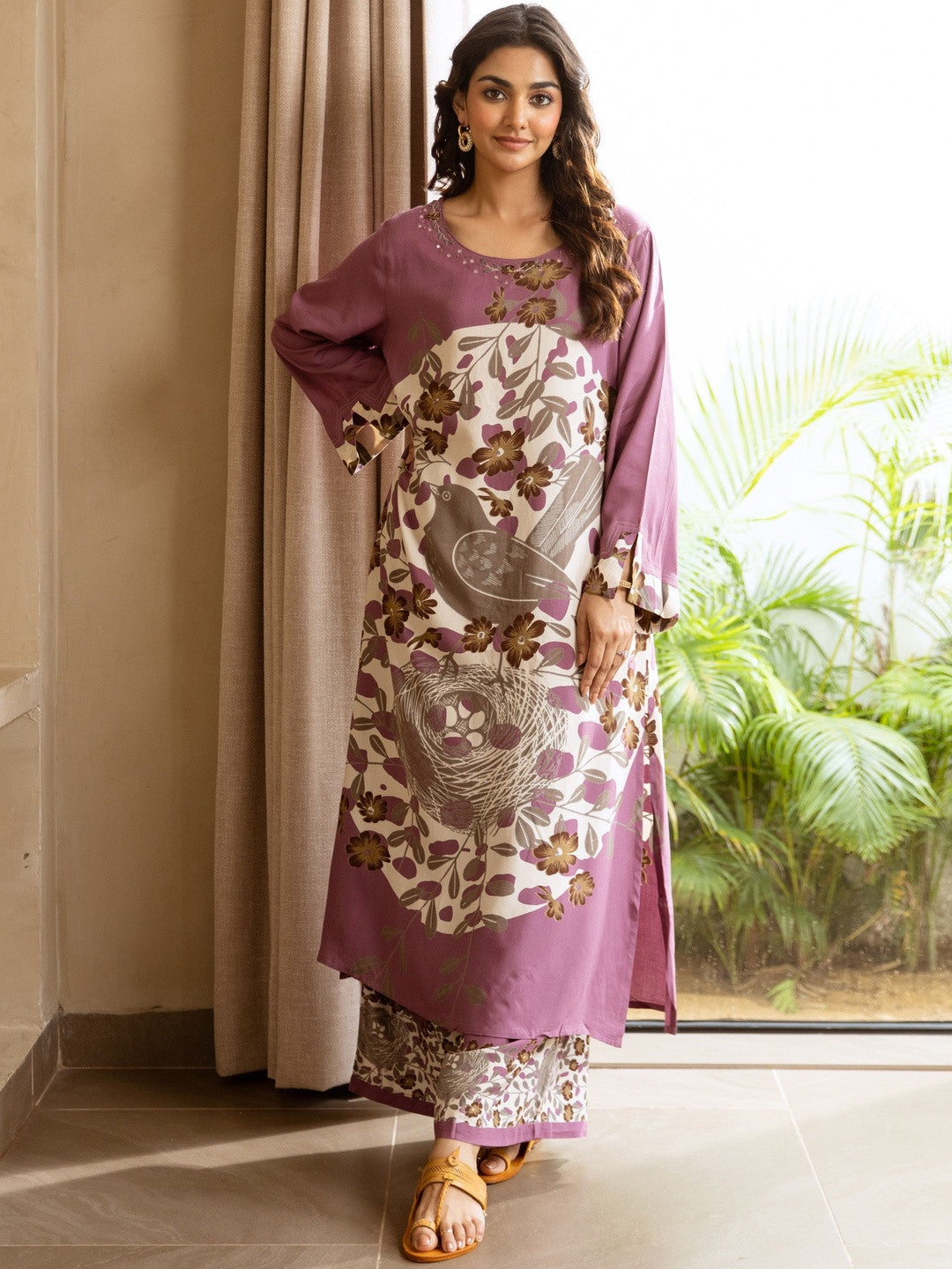 Dhiyona SN Floral Printed Flared Sleeves Beads And Stones Straight Kurta With Palazzos