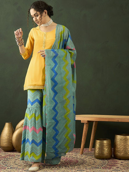 Dhiyona SN Printed Mirror Work Straight Kurta With Sharara & Dupatta