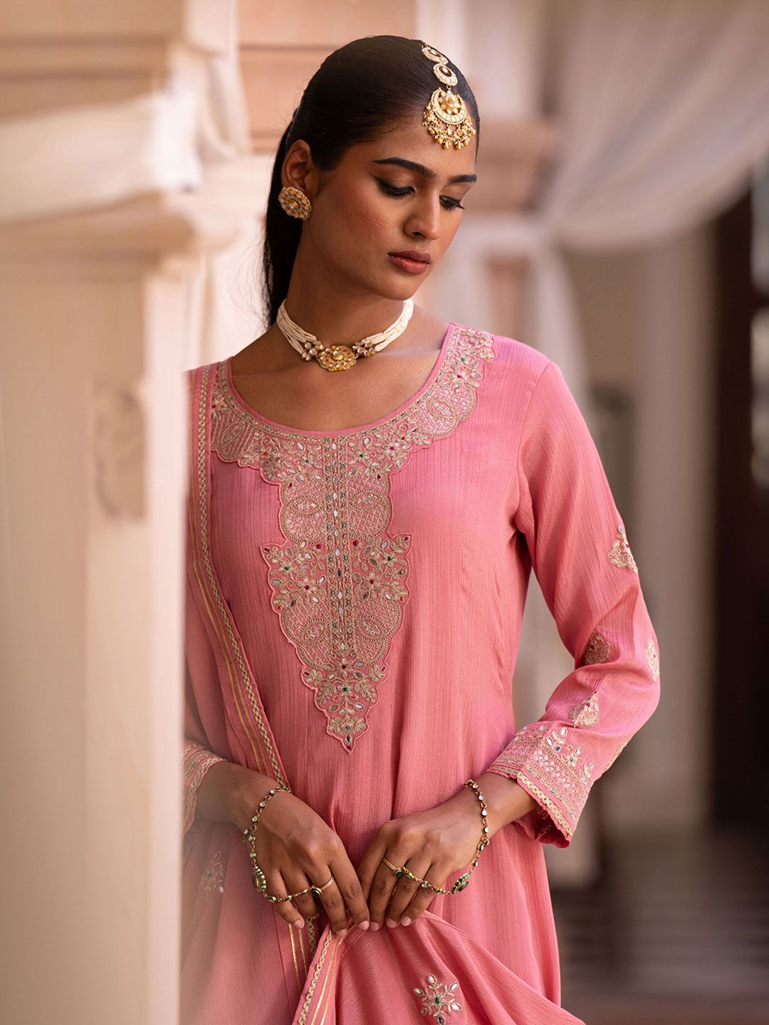 Dhiyona CH Women Floral Embroidered Pleated Mirror Work Kurta with Trousers & Dupatta