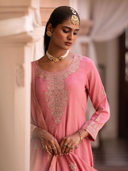 Dhiyona CH Women Floral Embroidered Pleated Mirror Work Kurta with Trousers & Dupatta