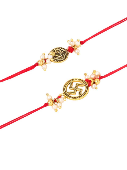 Dhiyona Pack Of 2 Swastik Desgin Bhaiya Bhabhi Rakhi With Roli Chawal Chandan Mishri