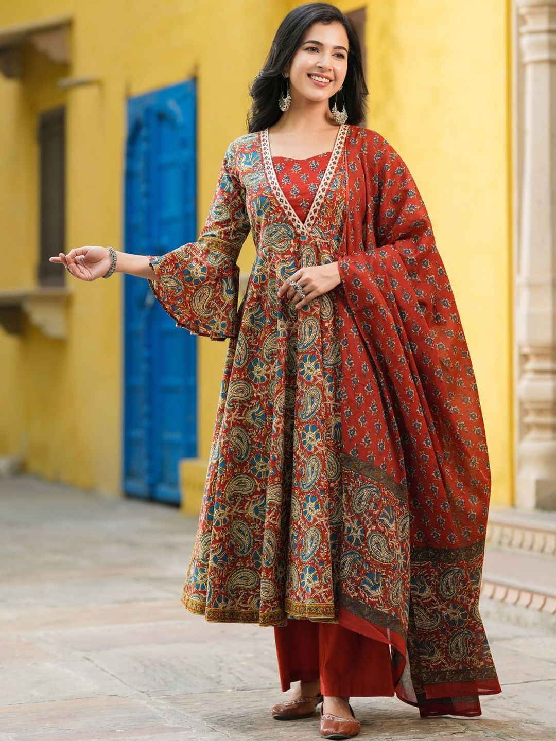Dhiyona RR Women's Printed Regular Pure Cotton Kurta With Trousers & Dupatta